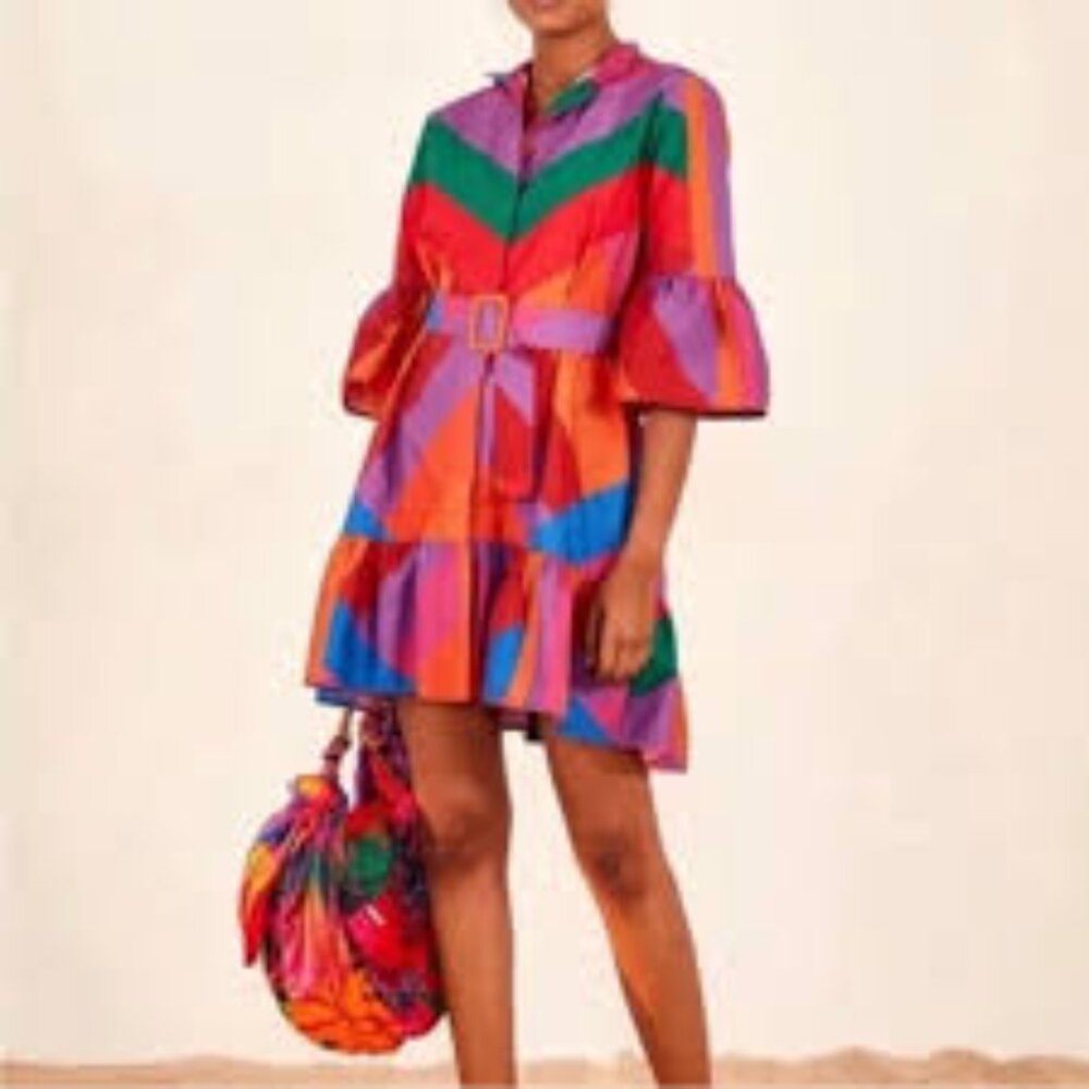 Farm Rio Amanda Stripes Mini Dress Multi Color Rainbow Color Block Dress - NWOT
